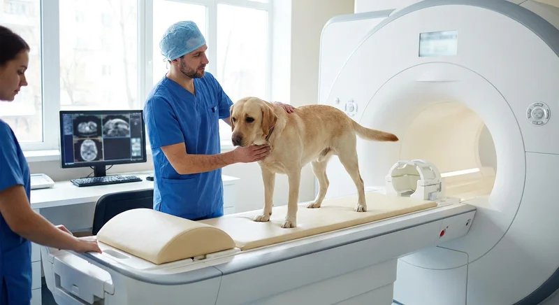 Weterynarz przygotowuje psa na stole diagnostycznym do badania rezonansem magnetycznym.