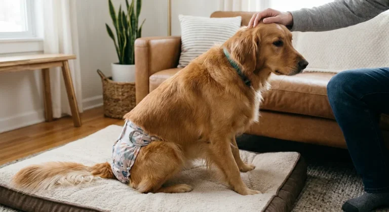 Golden retriever w majtkach ochronnych na cieczkę siedzi na legowisku, głaskany przez opiekuna.