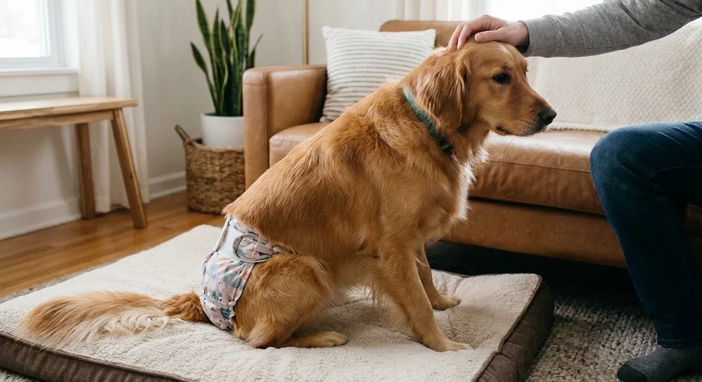 Golden retriever w majtkach ochronnych na cieczkę siedzi na legowisku, głaskany przez opiekuna.