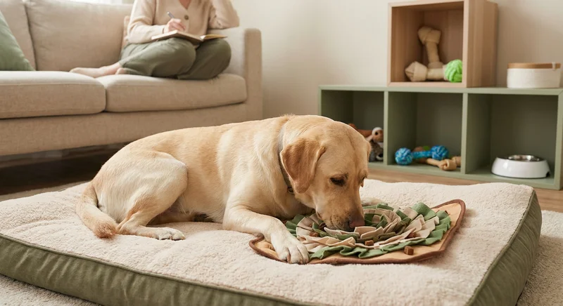 Biszkoptowy labrador leżący na posłaniu i szukający smakołyków w macie węchowej.
