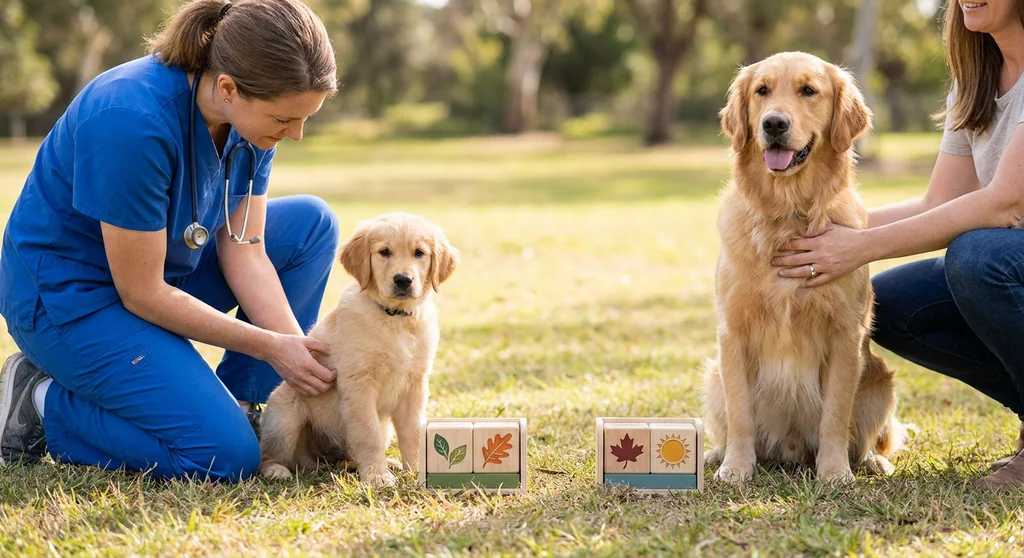 Weterynarz ze szczeniakiem golden retrievera oraz właścicielka z dorosłym psem.