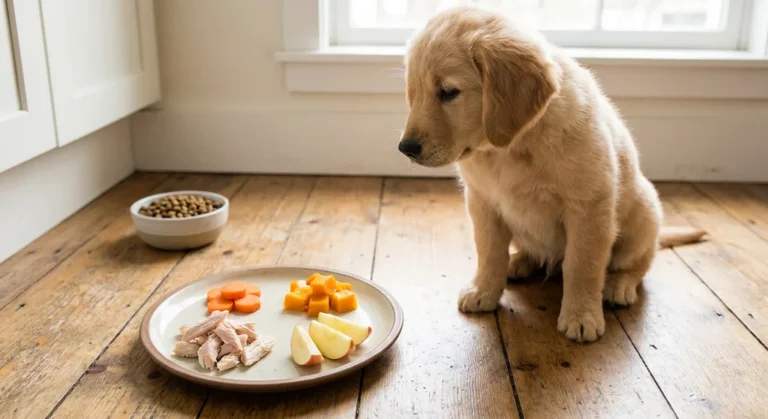 Szczeniak golden retrievera patrzy na talerz z gotowanym mięsem, marchewką, dynią i jabłkiem.