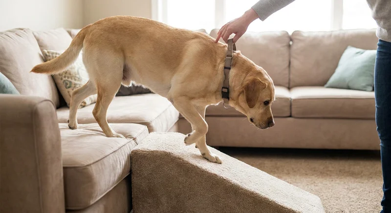 Biszkoptowy labrador schodzi z kanapy po specjalnej rampie chroniącej stawy przed przeciążeniem.