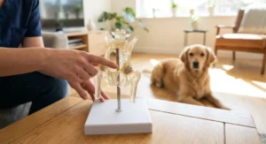 Weterynarz wskazuje na model miednicy i stawu biodrowego psa, w tle leży golden retriever.