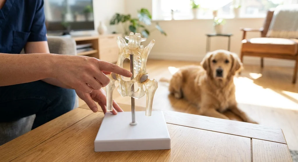 Weterynarz wskazuje na model miednicy i stawu biodrowego psa, w tle leży golden retriever.
