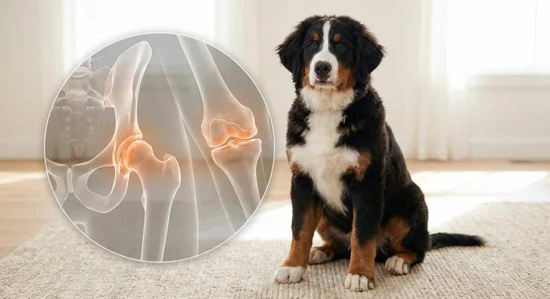 Szczeniak berneńczyka obok ilustracji anatomicznej ze zmianami dysplastycznymi w stawie biodrowym i kolanowym.