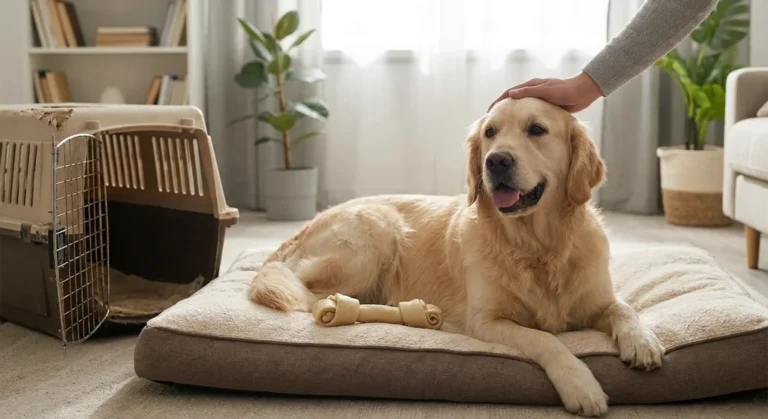 Zrelaksowany golden retriever na legowisku obok otwartej klatki kenelowej, głaskany po głowie przez opiekuna.