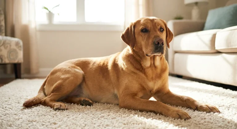 Zrelaksowany biszkoptowy labrador bez obroży leży na jasnym dywanie w domu.