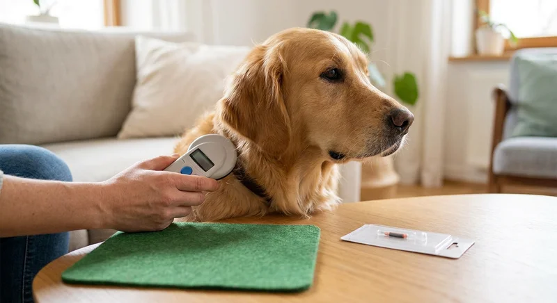 Skanowanie mikroczipa u golden retrievera za pomocą czytnika jako alternatywna metoda identyfikacji psa.