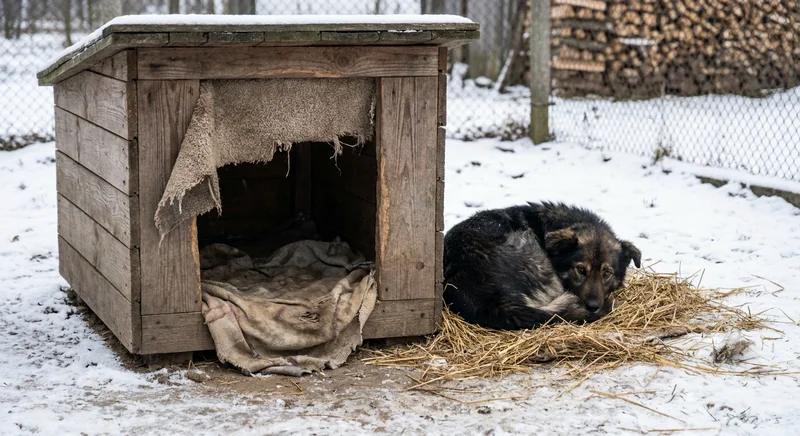 Pies zwinięty na słomie na śniegu obok nieocieplonej budy z podartą zasłoną i cienkim kocem.