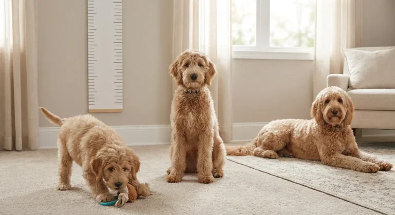 Trzy psy rasy goldendoodle w różnym wieku – od szczeniaka do dorosłego – ilustrujące etapy rozwoju i wzrostu.