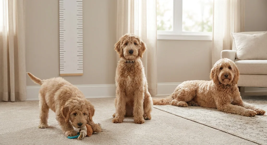 Trzy psy rasy goldendoodle w różnym wieku – od szczeniaka do dorosłego – ilustrujące etapy rozwoju i wzrostu.
