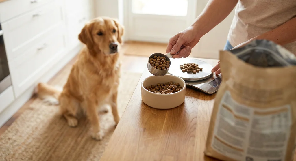 Precyzyjne odmierzanie suchej karmy miarką i wagą kuchenną, w tle czeka pies rasy golden retriever.