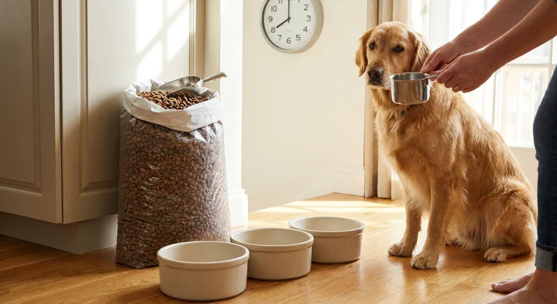 Golden retriever czeka przy miskach, a właściciel odmierza suchą karmę metalową miarką.