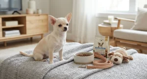 Jasny szczeniak rasy chihuahua siedzi na kocu obok miski z karmą, skórzanej smyczy i pluszowej zabawki.