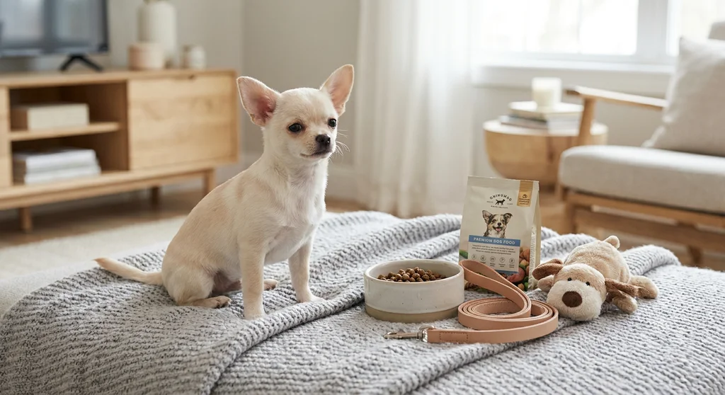 Jasny szczeniak rasy chihuahua siedzi na kocu obok miski z karmą, skórzanej smyczy i pluszowej zabawki.