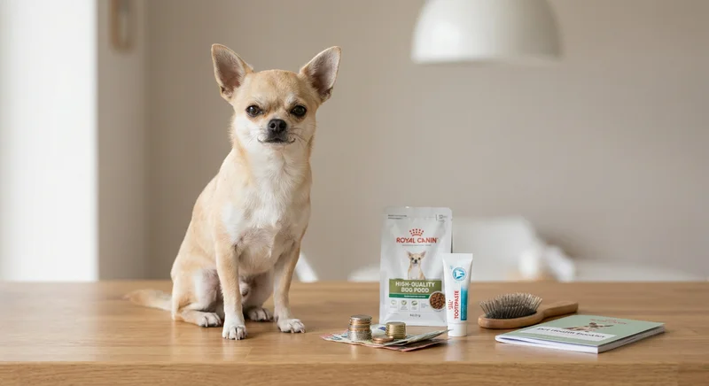 Pies chihuahua siedzi na stole obok pieniędzy, paczki karmy, pasty do zębów i szczotki do sierści.