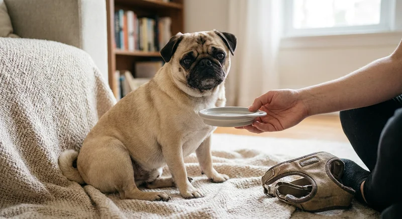 Mops o płaskim pyszczku siedzi na kocu obok szelek i patrzy przed siebie, gdy opiekun podaje mu płytką miskę.