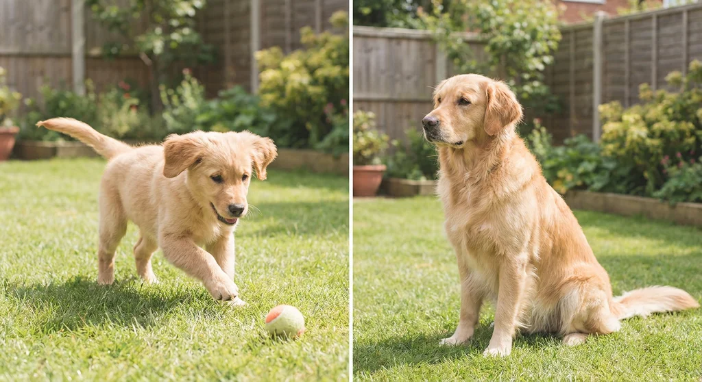 Szczeniak golden retrievera bawiący się piłką i spokojny, dorosły pies tej samej rasy siedzący na trawniku.
