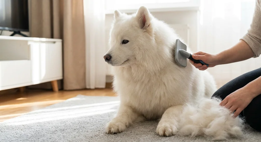 Osoba wyczesuje szczotką gęstą sierść białego samoyeda, obok leży duży kłąb podszerstka.