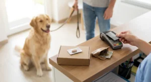 Płatność kartą za tabletkę na odrobaczenie psa u weterynarza. W tle golden retriever.