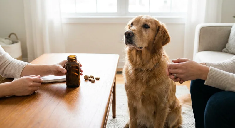 Golden retriever siedzi obok stołu z brązową buteleczką i tabletkami podczas rozmowy opiekuna z weterynarzem.