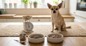Pies chihuahua siedzący obok wagi kuchennej, miarki i dwóch misek z suchą oraz mokrą karmą.