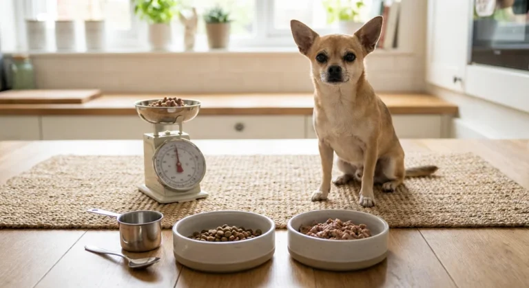 Pies chihuahua siedzący obok wagi kuchennej, miarki i dwóch misek z suchą oraz mokrą karmą.