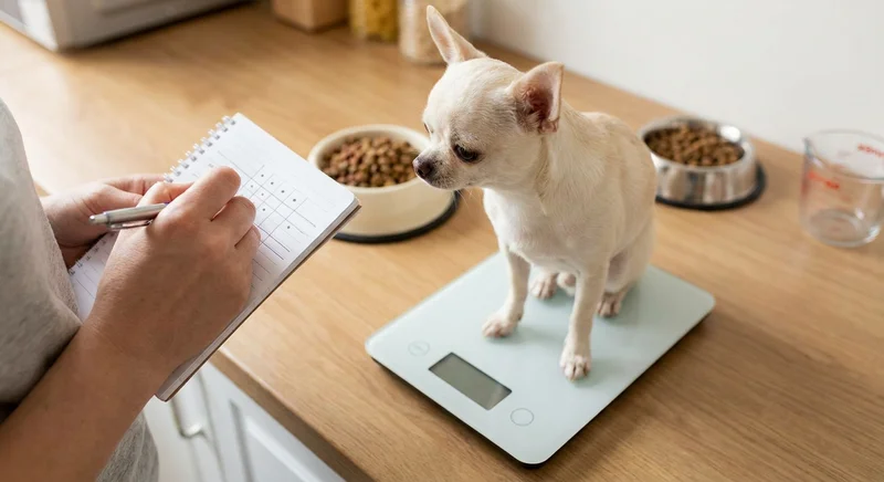 Mały pies chihuahua na wadze elektronicznej i osoba notująca jego masę ciała w notesie.