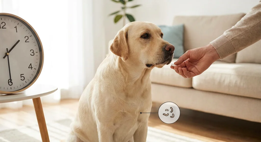 Labrador przyjmujący tabletkę odrobaczającą z ręki. Obok zegar i grafika z robakami.