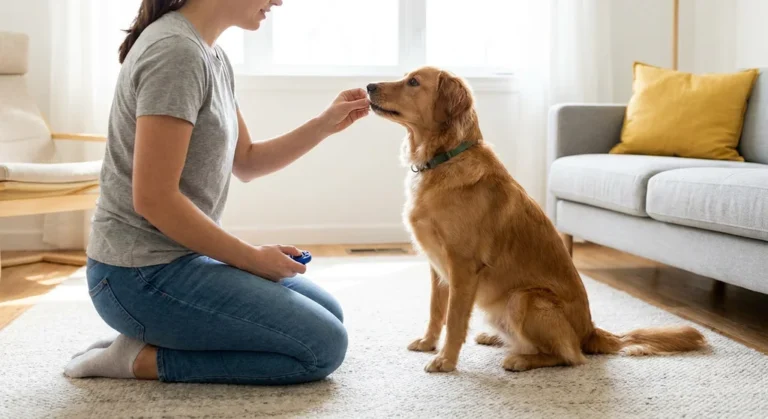 Kobieta nagradza przysmakiem siedzącego psa rasy golden retriever podczas domowego treningu.