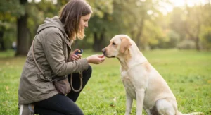 Kobieta nagradza smakołykiem biszkoptowego labradora podczas szkolenia z klikerem w parku.