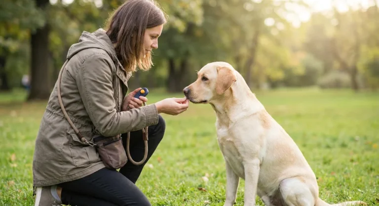 Kobieta nagradza smakołykiem biszkoptowego labradora podczas szkolenia z klikerem w parku.
