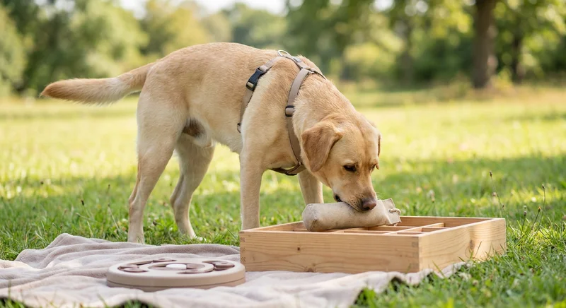 Biszkoptowy labrador trzyma w pyszczku materiałowy aport nad drewnianą łamigłówką na trawie.