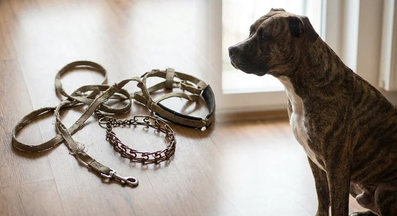 Pręgowany amstaff patrzy na zniszczone szelki, smycz i metalową kolczatkę leżące na podłodze.