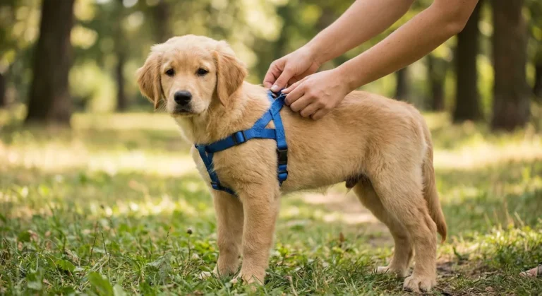 Szczeniak golden retrievera w niebieskich szelkach typu guard dopasowywanych przez człowieka.