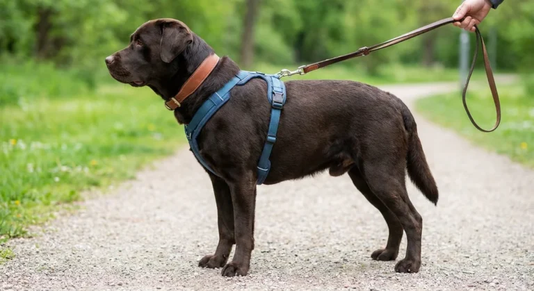 Czekoladowy labrador w szerokiej brązowej obroży i niebieskich szelkach na smyczy, stojący na ścieżce.