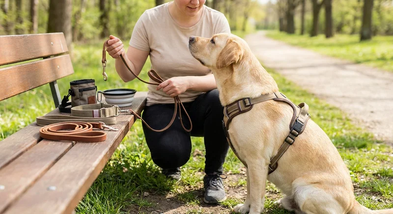 Labrador w szelkach siedzi przy opiekunce. Na ławce obok leżą akcesoria spacerowe, w tym obroża i smycze.