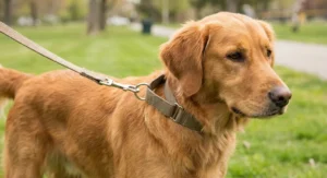 Golden retriever w beżowej obroży półzaciskowej z przypiętą smyczą.
