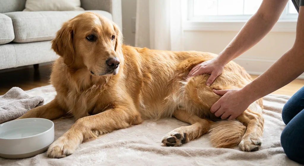 Delikatny masaż tylnej łapy leżącego psa rasy golden retriever, przynoszący ulgę przy skurczu.